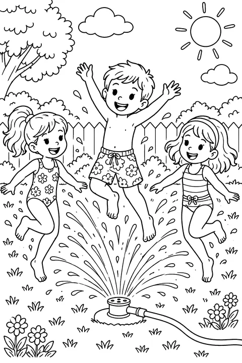 Kids jumping through a garden sprinkler coloring page