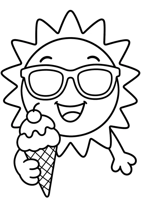 A sun wearing sunglasses holding an ice cream coloring page