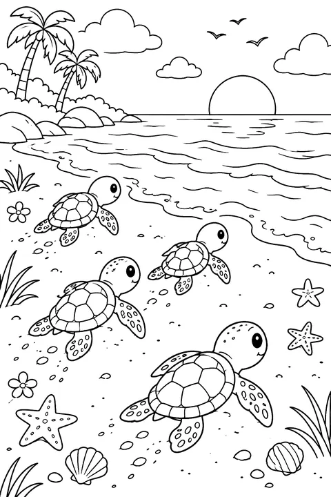 Baby sea turtles walking to the ocean coloring page