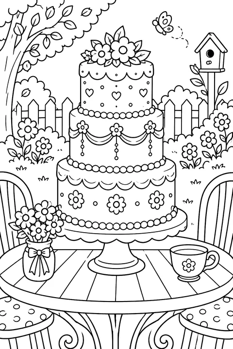 A tall decorated cake on a garden table coloring page