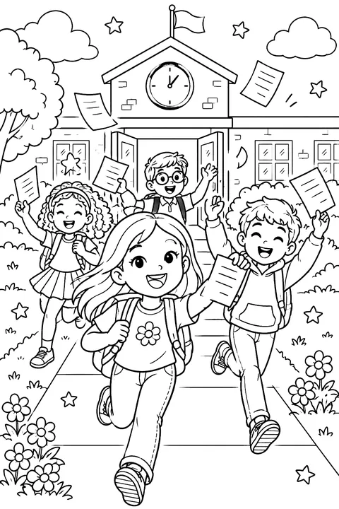 Kids running out of school cheering with papers in the air coloring page