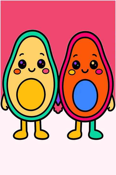 Kawaii avocado halves with smiling faces holding hands coloring page