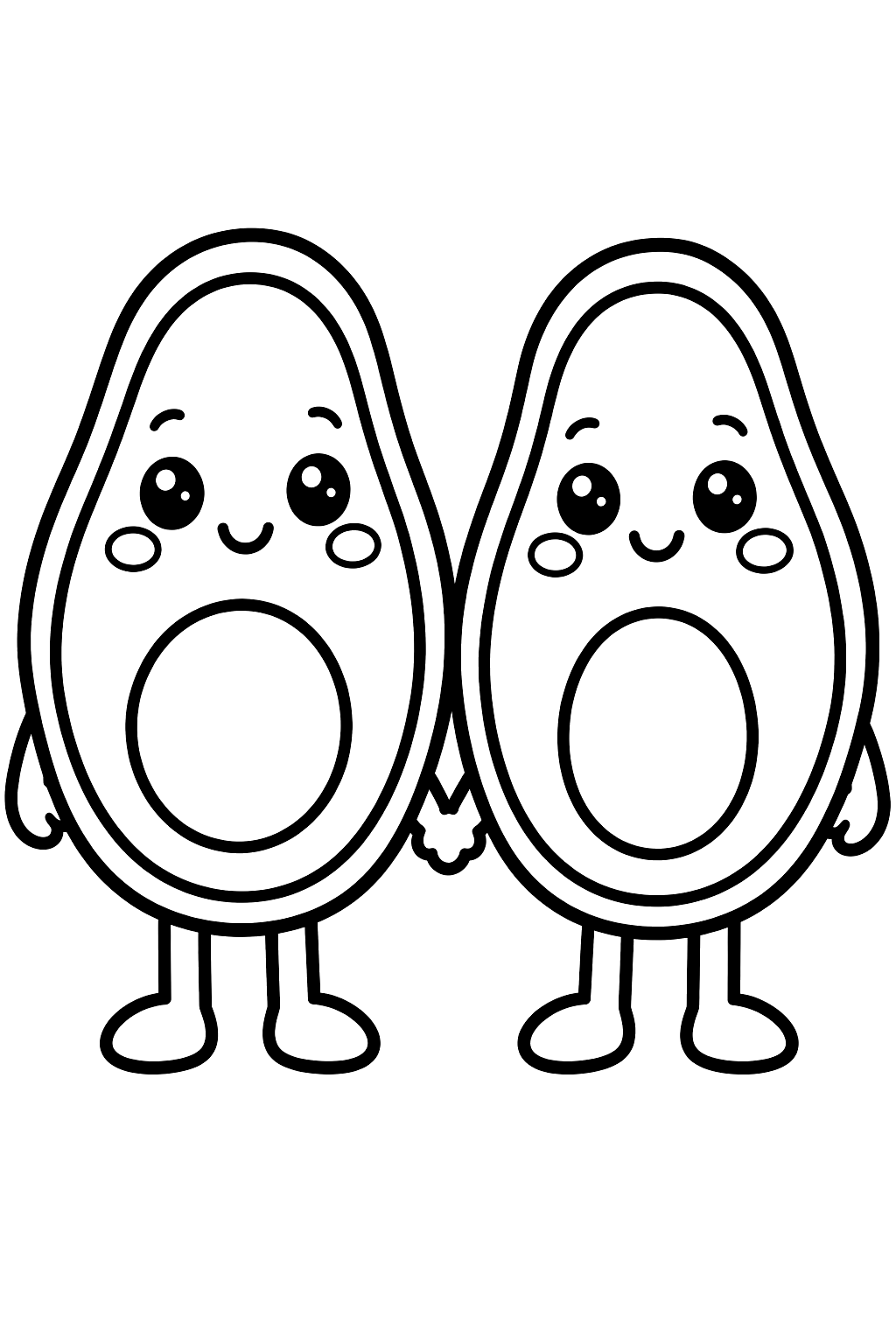 Kawaii avocado halves with smiling faces holding hands coloring page