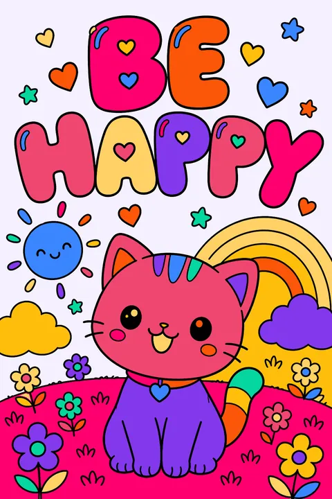 Kawaii lettering spelling be happy in big bubble letters with tiny hearts coloring page