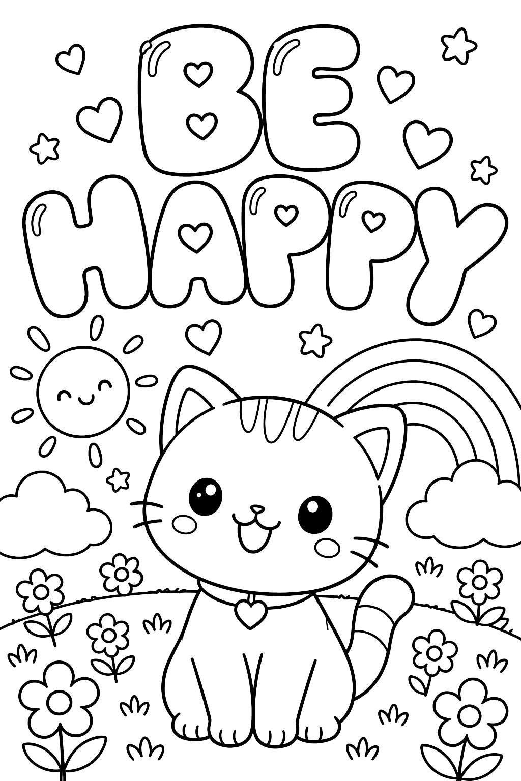 Kawaii lettering spelling be happy in big bubble letters with tiny hearts coloring page