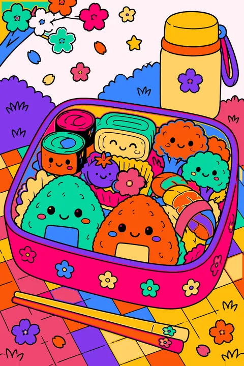 Kawaii bento box with smiling rice balls, sushi, egg and broccoli coloring page