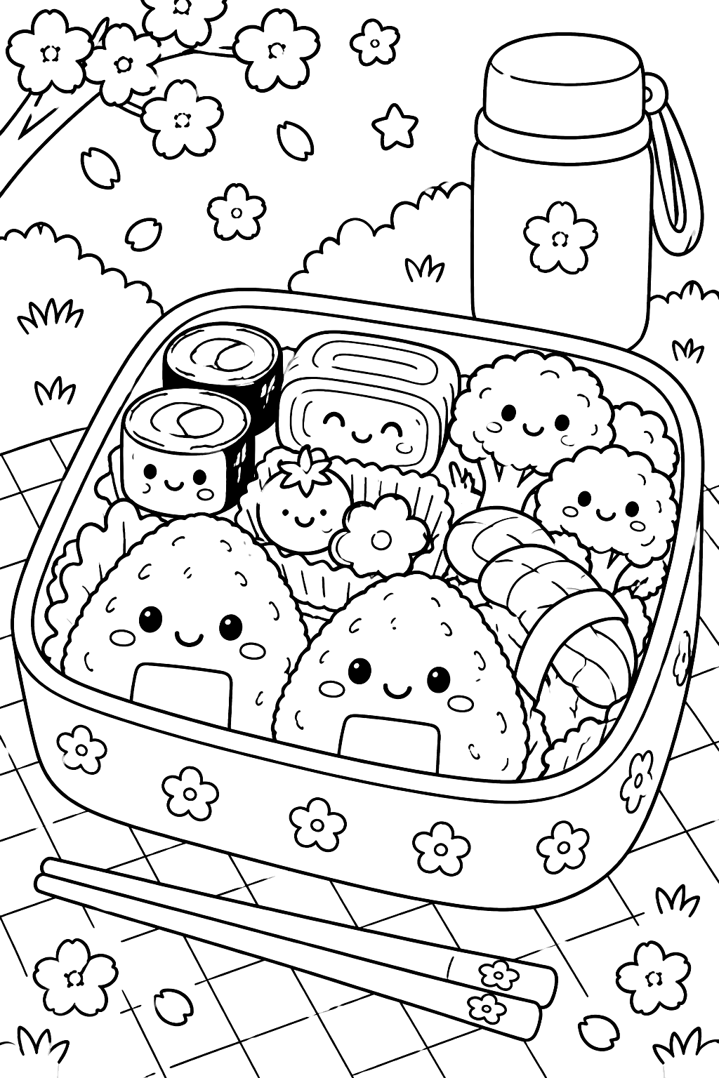 Kawaii bento box with smiling rice balls, sushi, egg and broccoli coloring page