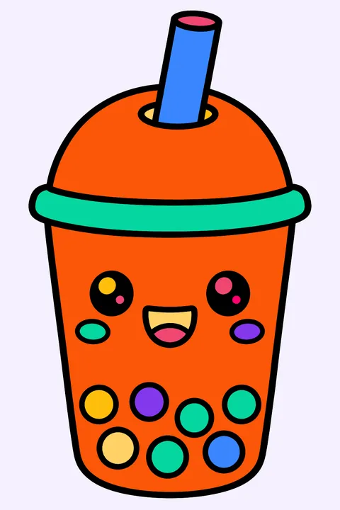 Kawaii boba tea cup with a happy face, a straw and pearls coloring page