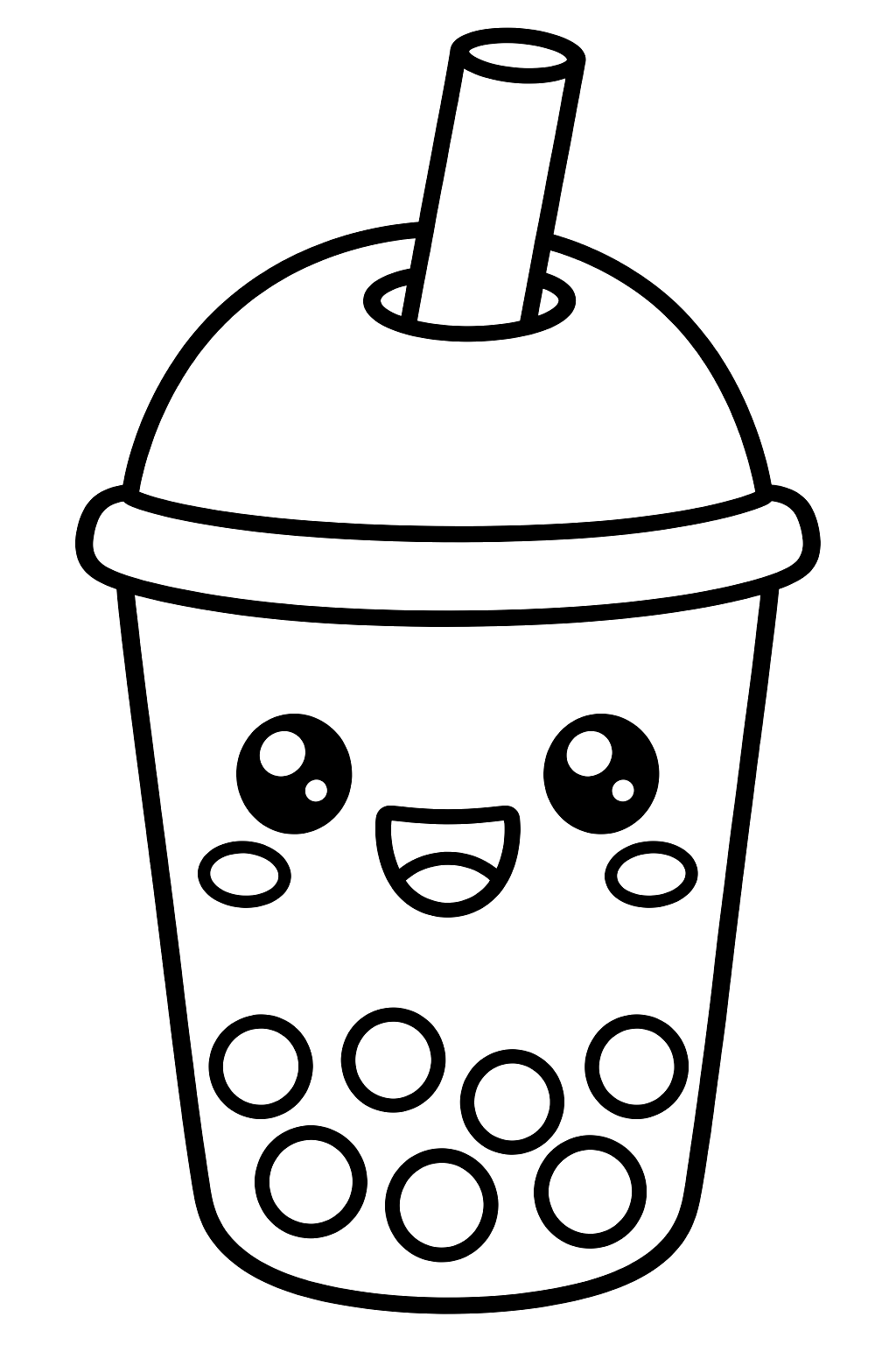 Kawaii boba tea cup with a happy face, a straw and pearls coloring page