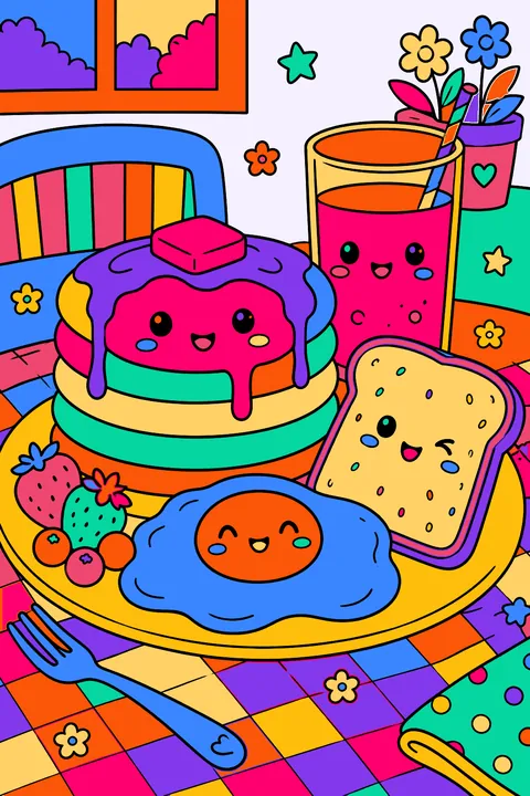 Kawaii breakfast with a smiling pancake stack, egg, toast and a glass of juice coloring page