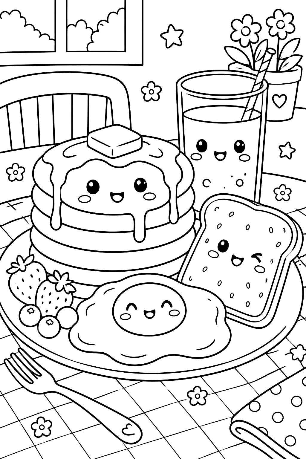 Kawaii breakfast with a smiling pancake stack, egg, toast and a glass of juice coloring page