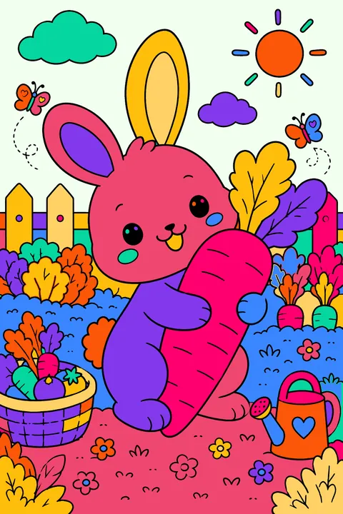 Kawaii bunny hugging a giant carrot in a vegetable garden coloring page