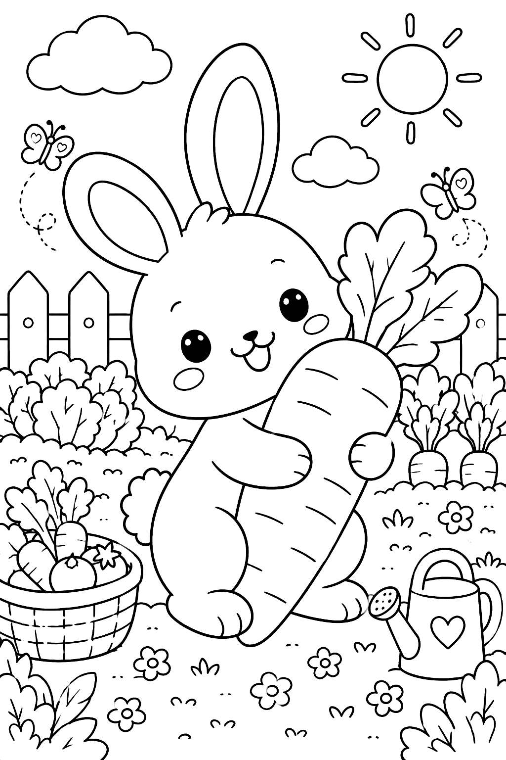 Kawaii bunny hugging a giant carrot in a vegetable garden coloring page