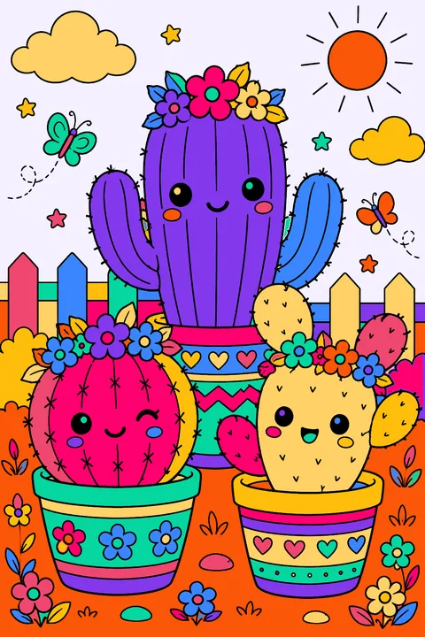 Kawaii cactus friends in pots wearing tiny flower crowns coloring page