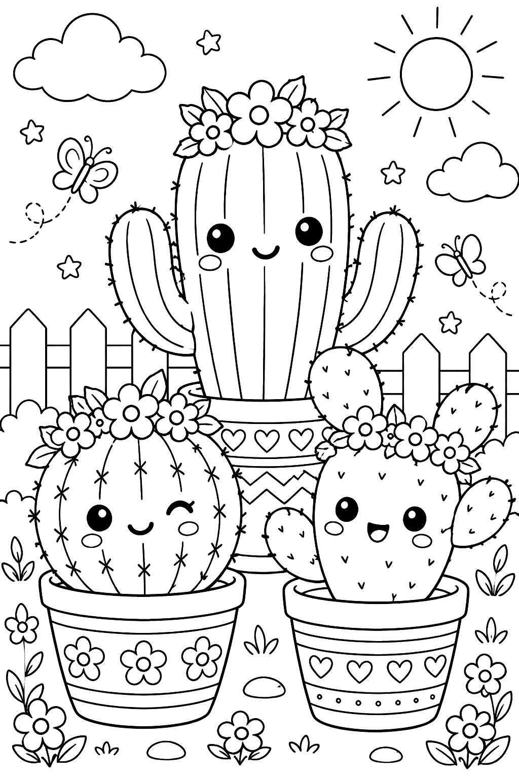 Kawaii cactus friends in pots wearing tiny flower crowns coloring page