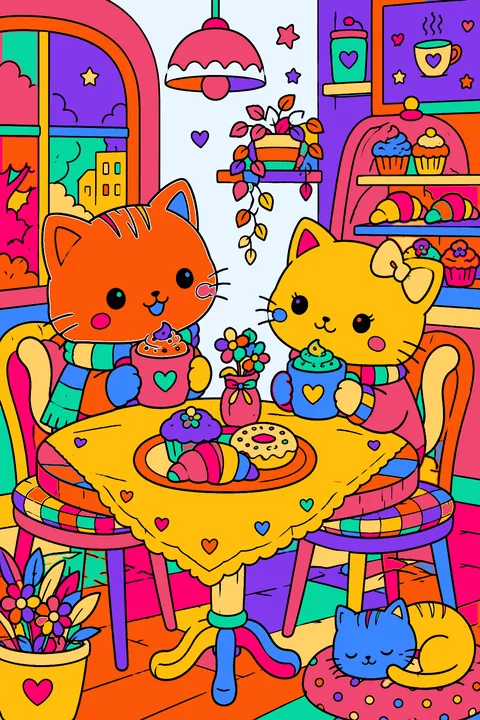 Kawaii cats in a cafe with cups of cocoa, pastries and a cozy table coloring page