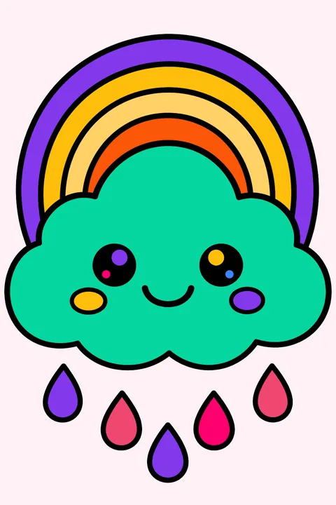 Kawaii cloud smiling with a rainbow and little raindrops below coloring page