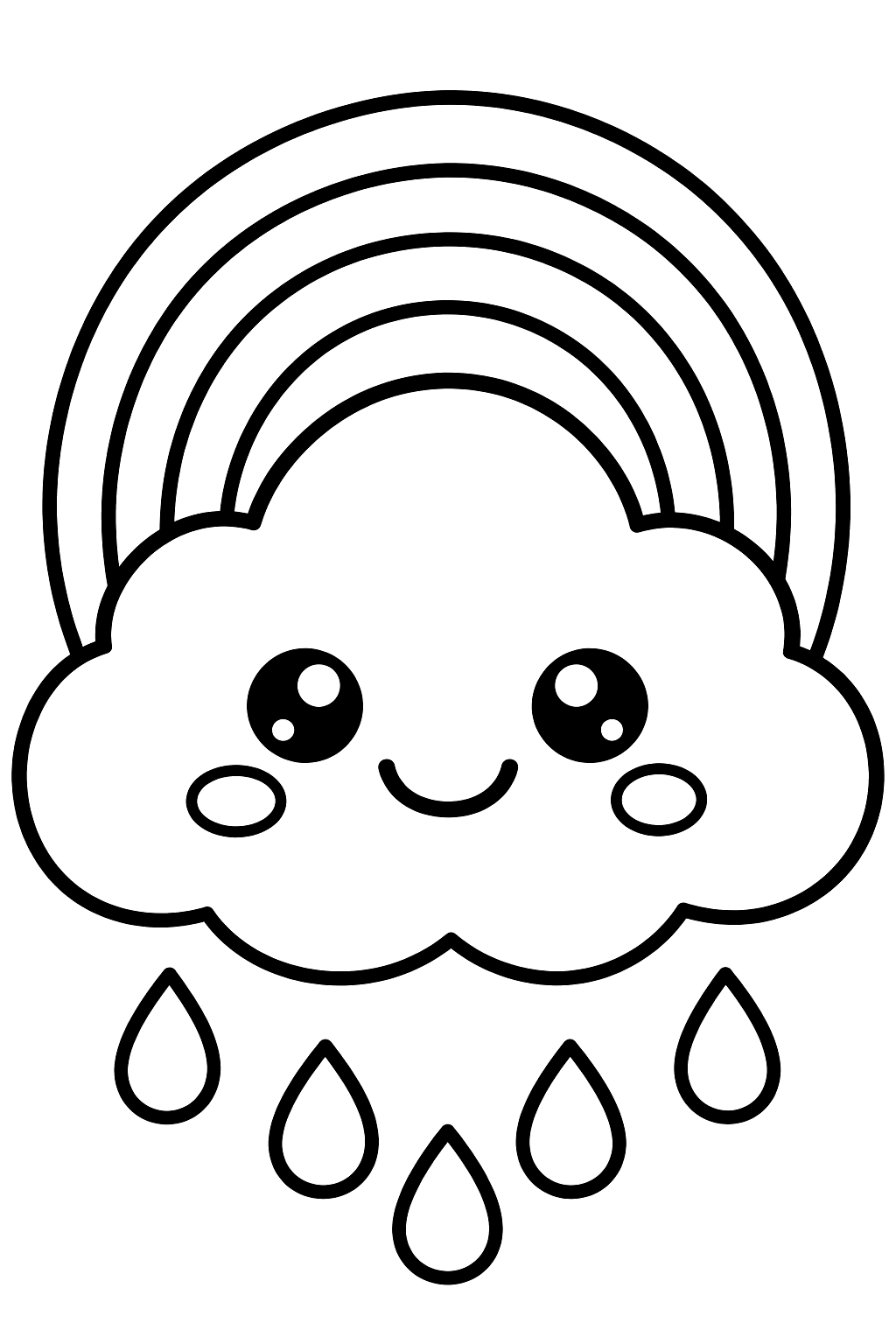 Kawaii cloud smiling with a rainbow and little raindrops below coloring page