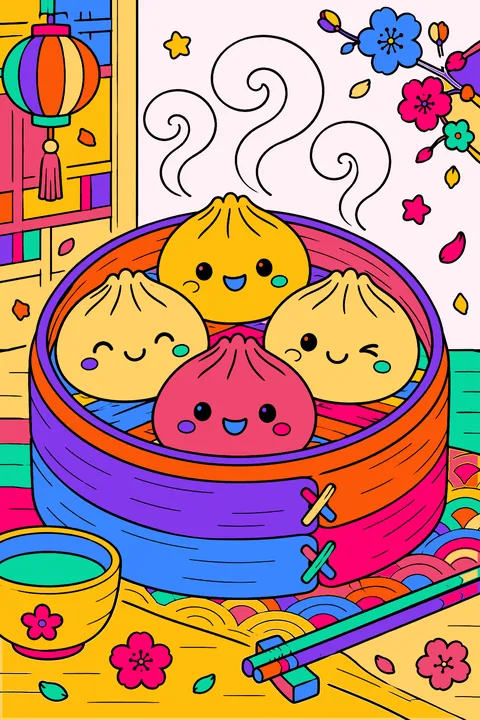 Kawaii dumplings smiling inside a bamboo steamer basket with steam swirls coloring page