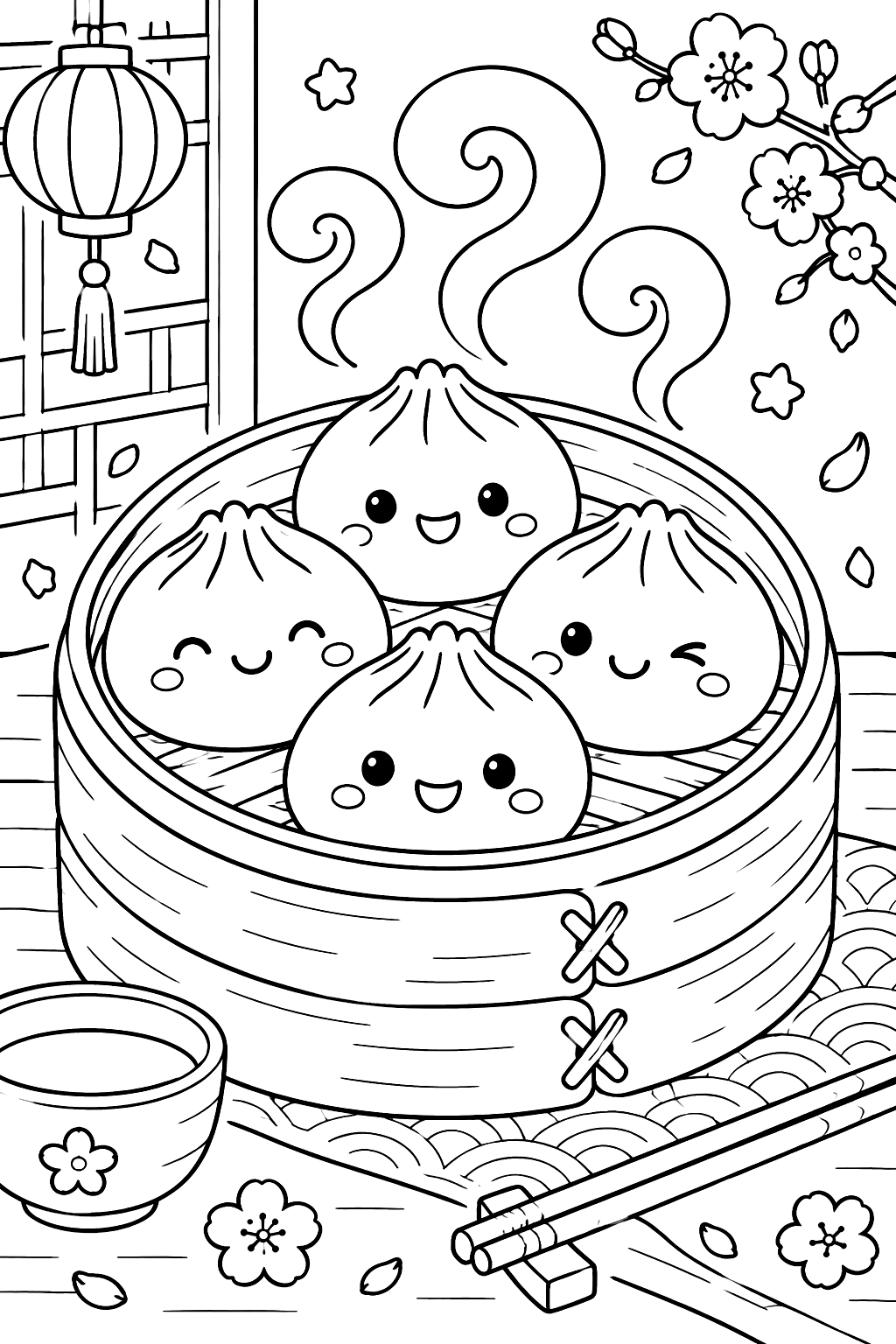 Kawaii dumplings smiling inside a bamboo steamer basket with steam swirls coloring page