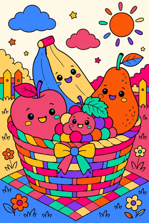Kawaii fruit basket with smiling apples, bananas, grapes and a pear coloring page