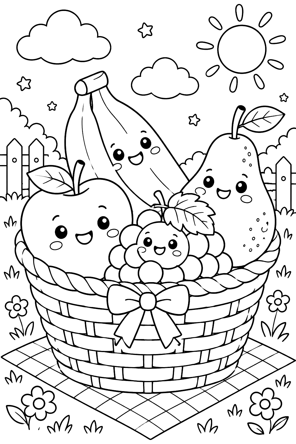 Kawaii fruit basket with smiling apples, bananas, grapes and a pear coloring page