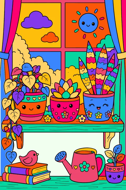 Kawaii house plants in smiling pots on a windowsill shelf coloring page