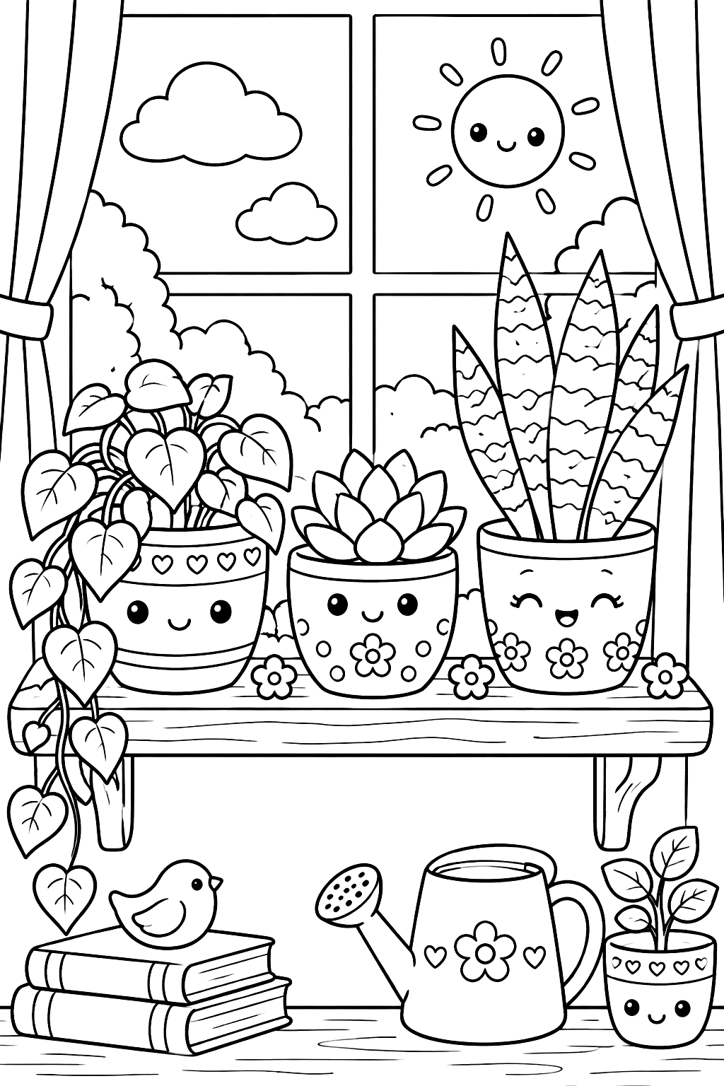 Kawaii house plants in smiling pots on a windowsill shelf coloring page