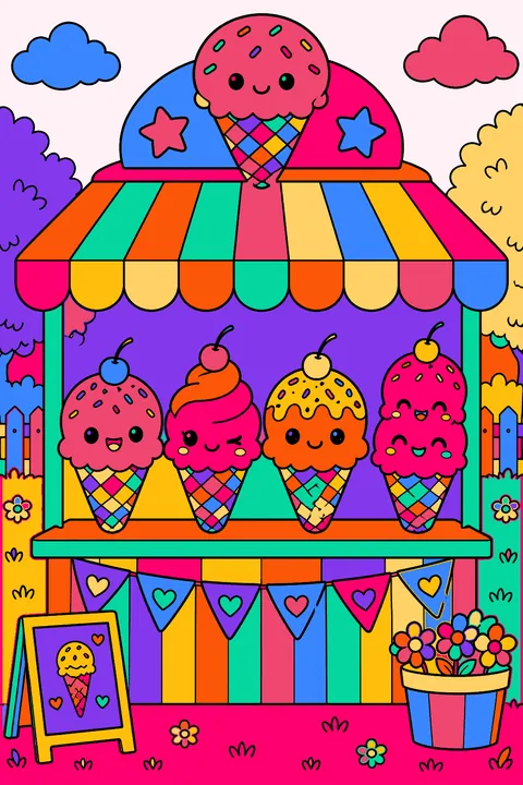 Kawaii ice cream cones with faces lined up at a little ice cream stand coloring page