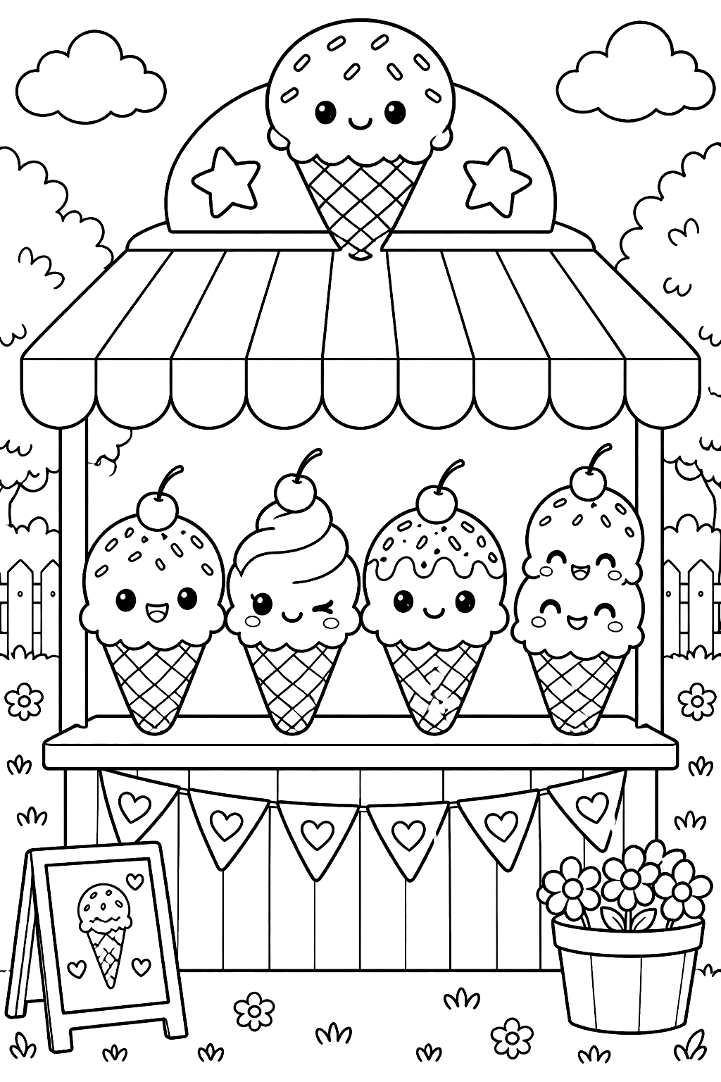 Kawaii ice cream cones with faces lined up at a little ice cream stand coloring page