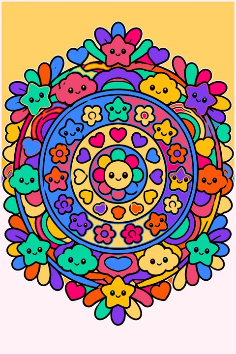 Kawaii mandala with tiny smiling stars, hearts, flowers and clouds in rings coloring page