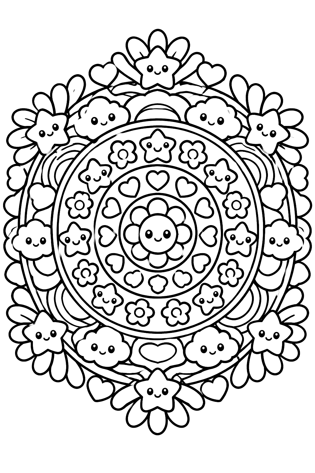 Kawaii mandala with tiny smiling stars, hearts, flowers and clouds in rings coloring page
