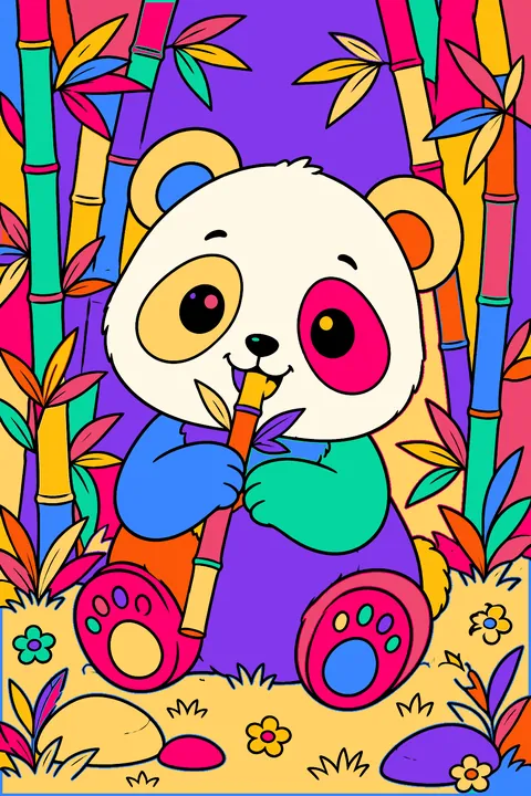 Kawaii panda munching bamboo while sitting in a bamboo grove coloring page