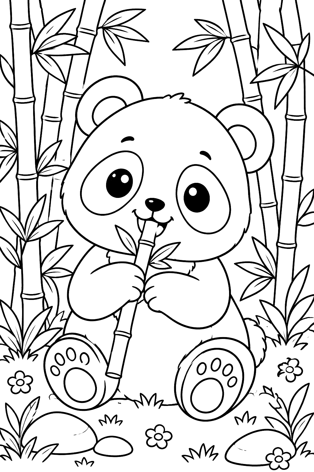 Kawaii panda munching bamboo while sitting in a bamboo grove coloring page