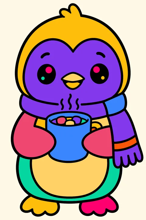 Kawaii penguin wearing a scarf and holding a cup of cocoa coloring page