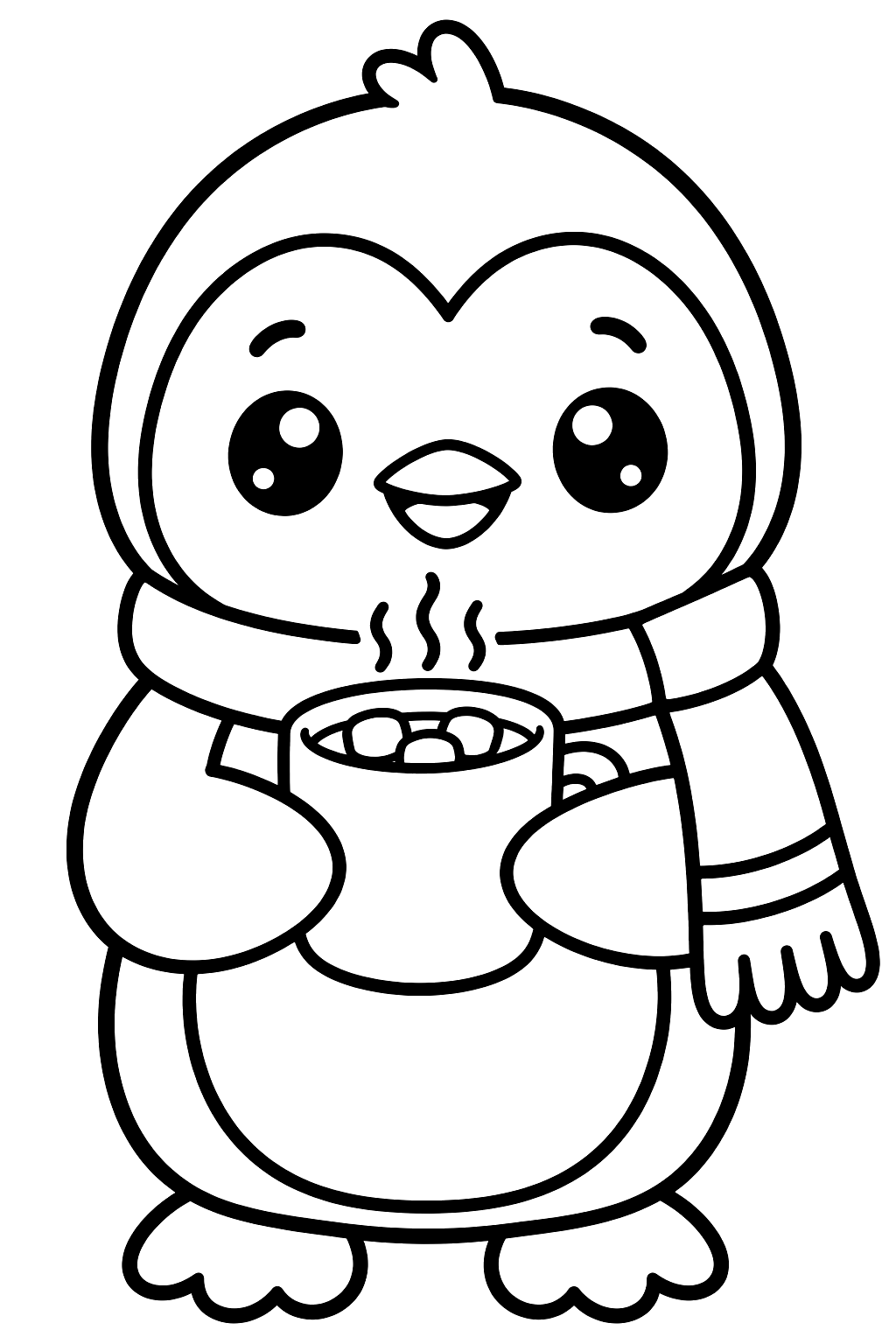 Kawaii penguin wearing a scarf and holding a cup of cocoa coloring page