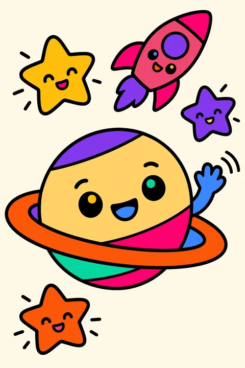 Kawaii planet with a ring waving at smiling stars and a rocket coloring page