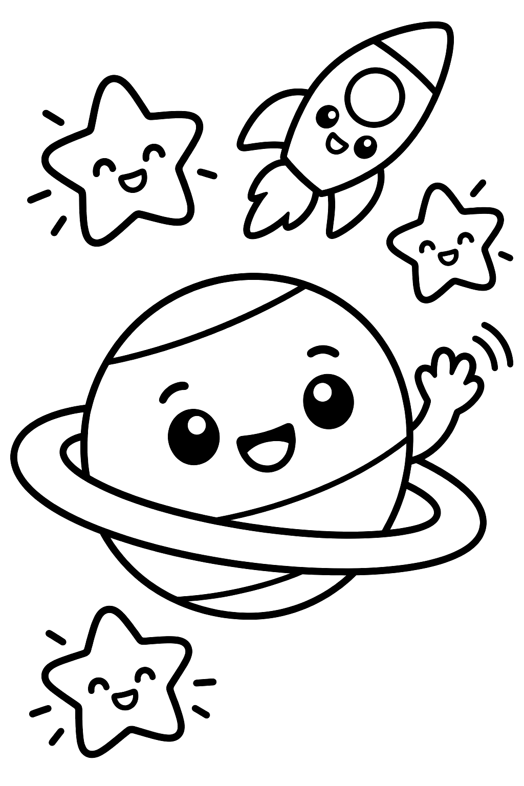 Kawaii planet with a ring waving at smiling stars and a rocket coloring page