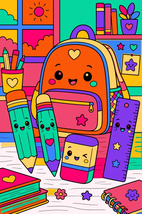 Kawaii school supplies with smiling pencils, eraser, ruler and backpack on a desk coloring page