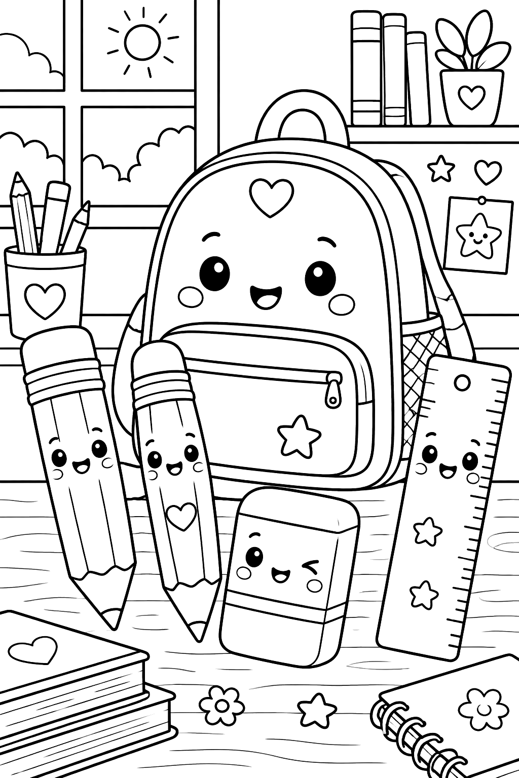 Kawaii school supplies with smiling pencils, eraser, ruler and backpack on a desk coloring page
