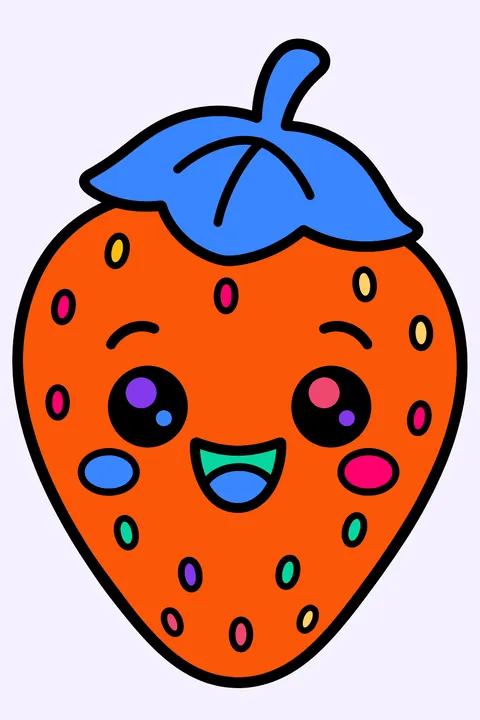 Kawaii strawberry with a happy face and a tiny leaf hat coloring page