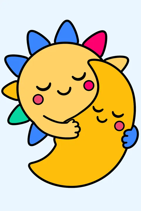 Kawaii sun and moon hugging each other with sleepy smiles coloring page