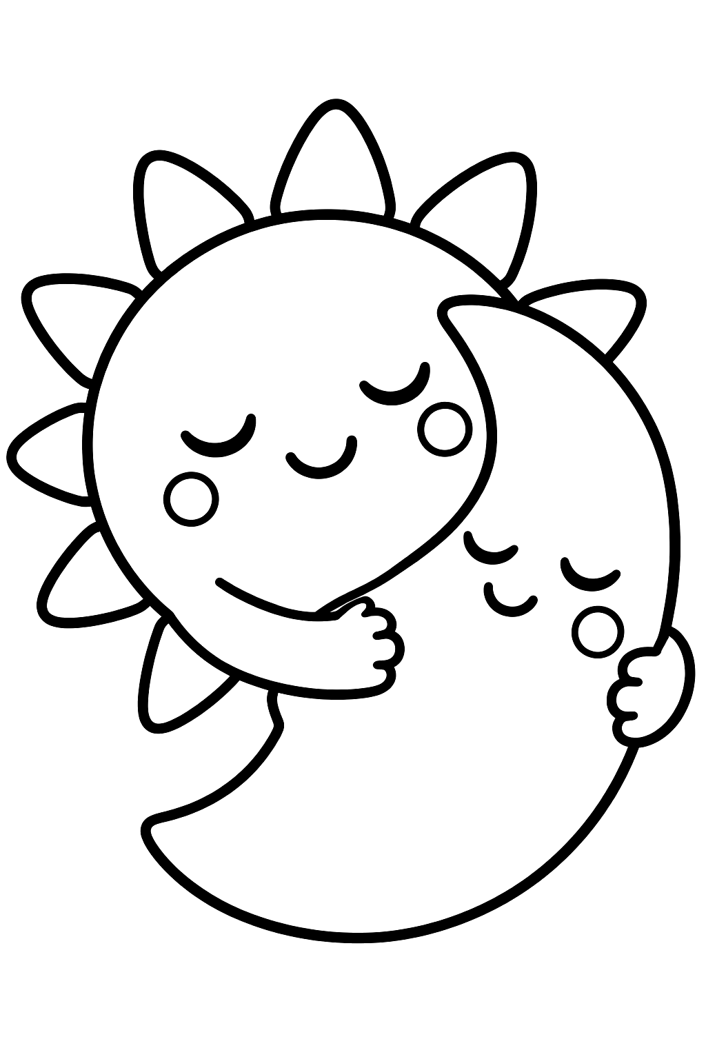 Kawaii sun and moon hugging each other with sleepy smiles coloring page