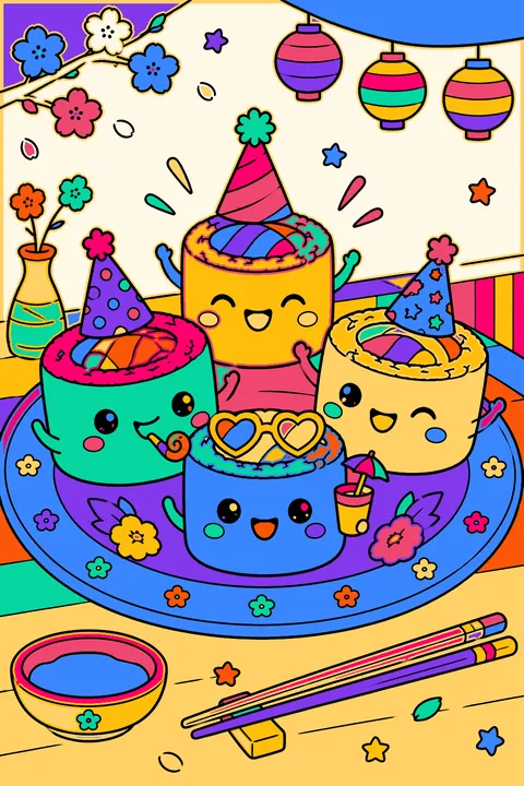 Kawaii sushi rolls having a party on a plate with chopsticks coloring page