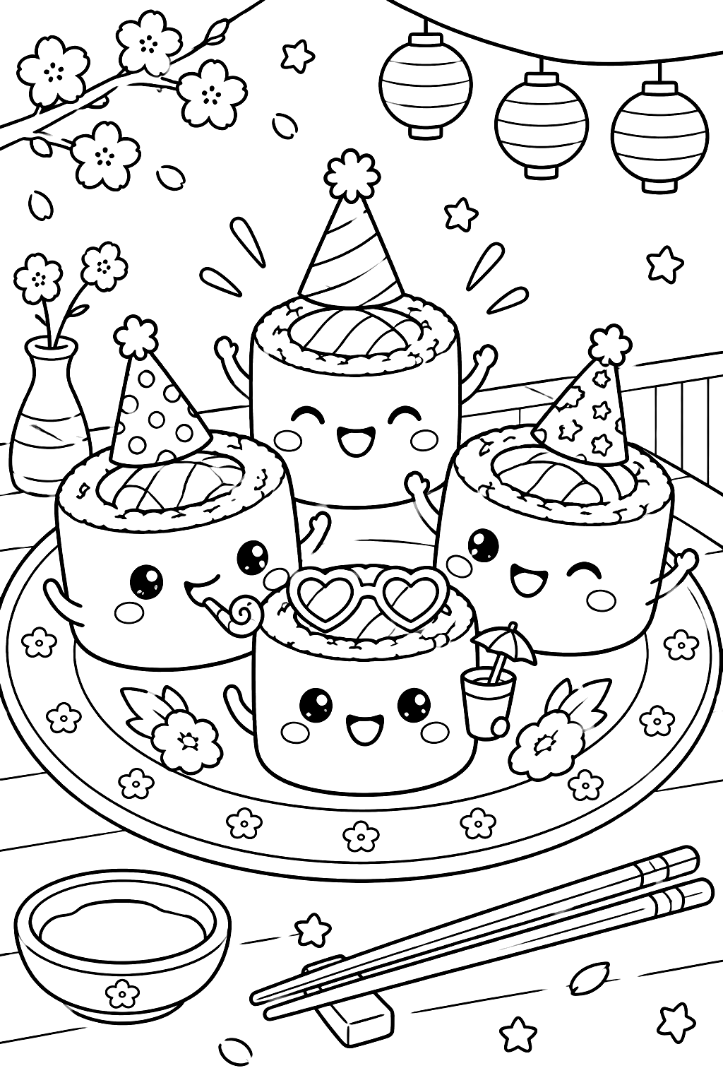 Kawaii sushi rolls having a party on a plate with chopsticks coloring page