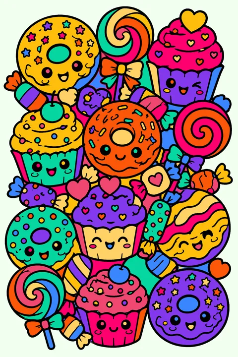 Kawaii sweets pattern of tiny donuts, candies, cupcakes and lollipops packed together coloring page
