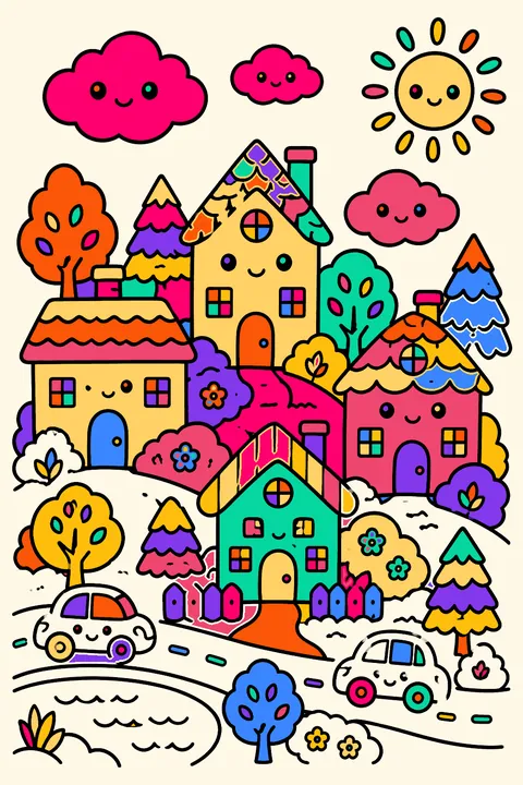 Kawaii town doodle with tiny smiling houses, trees, cars and clouds coloring page
