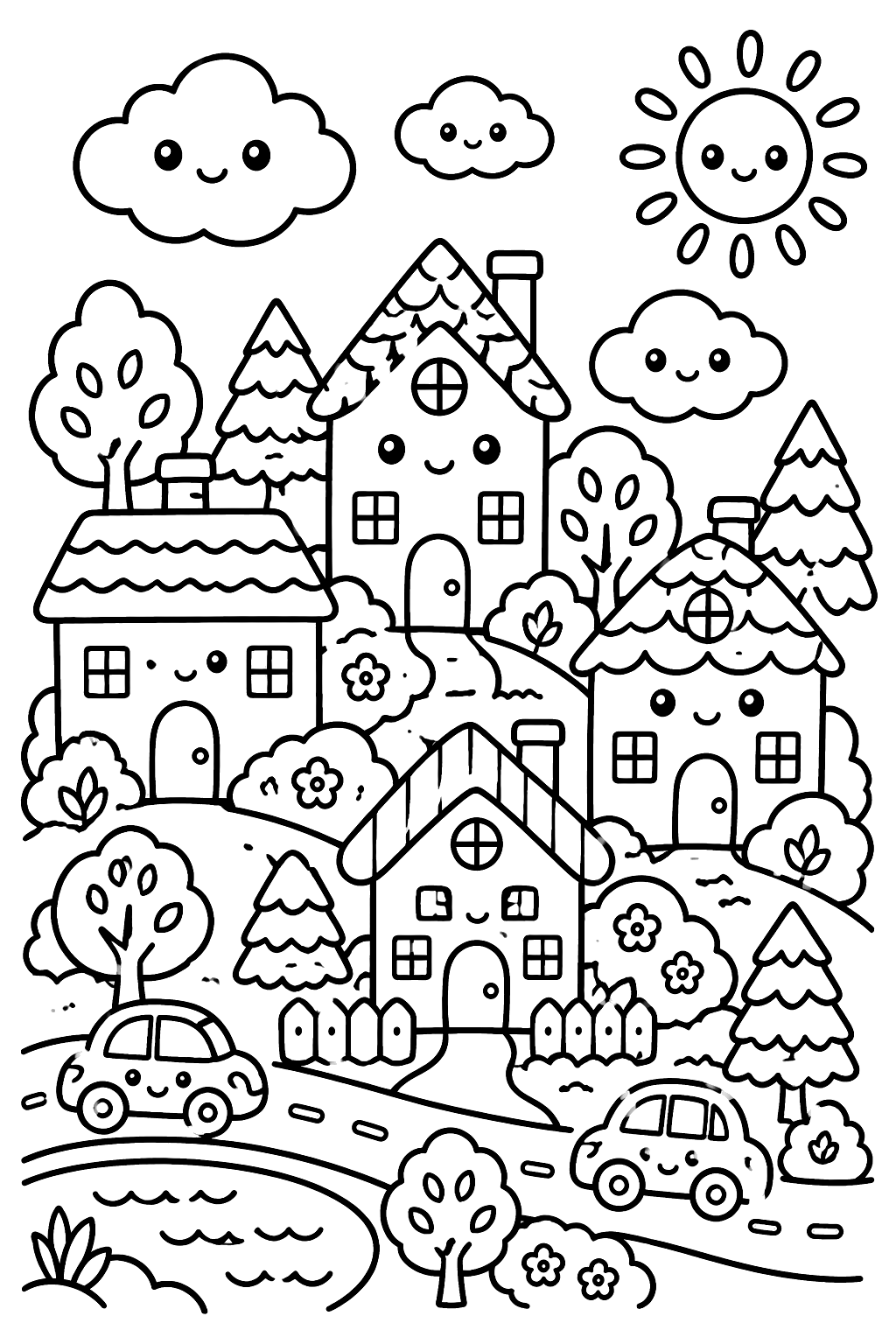Kawaii town doodle with tiny smiling houses, trees, cars and clouds coloring page
