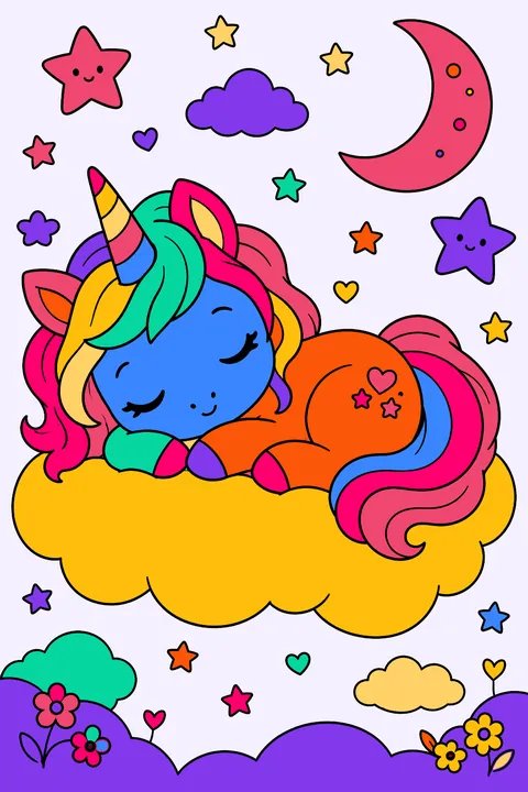 Kawaii unicorn sleeping on a fluffy cloud with stars around it coloring page