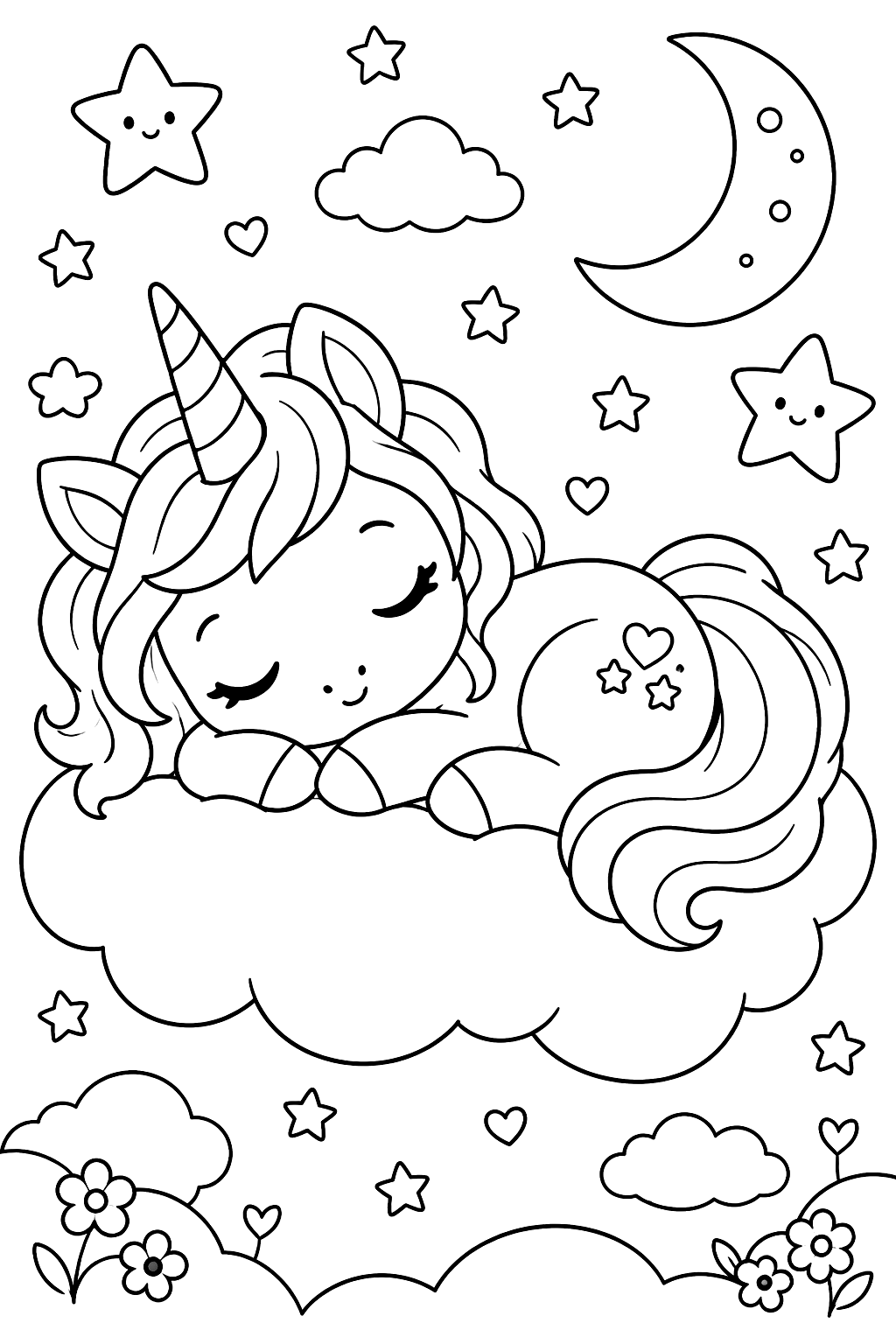 Kawaii unicorn sleeping on a fluffy cloud with stars around it coloring page